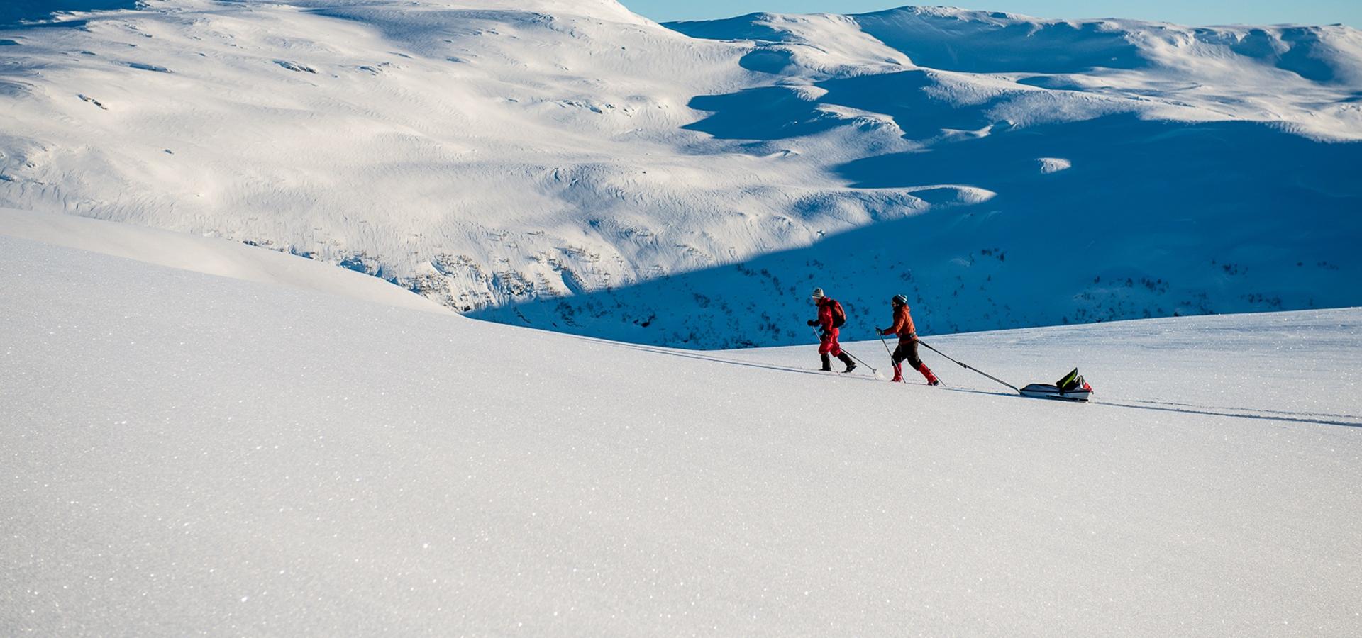 To personar med pulk på fjellski på Vikafjell